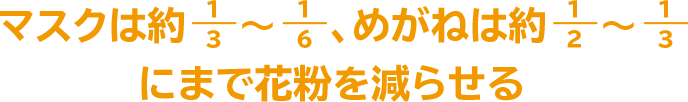 マスクは約1/3～1/6、めがねは約1/2～1/3にまで花粉を減らせる