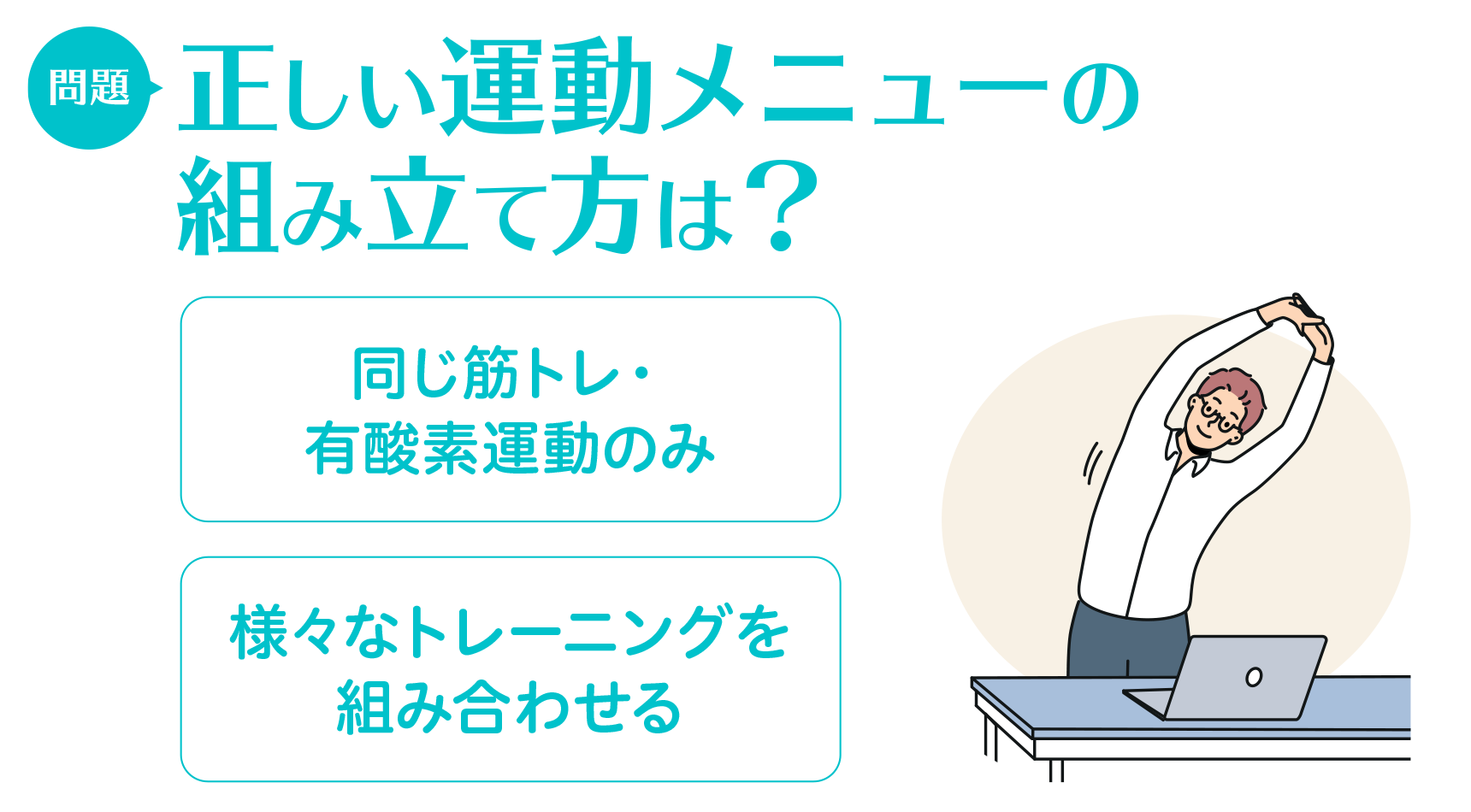 問題：正しい運動メニューの組み立て方は　同じ筋トレ・有酸素運動のみ/様々なトレーニングを組み合わせる