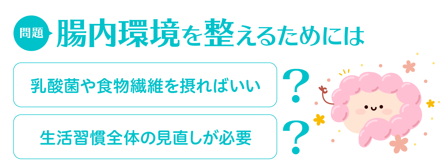 問題：腸内環境を整えるためには　乳酸菌や食物繊維を摂ればいい/生活習慣全体の見直しが必要